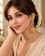 Women Brass 22K Micron Gold Plated Red Stone and AD Floral Traditional Chain Jhumka Earrings