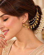 Traditional Brass 22 K Micron Gold Plated Jadau with Pearls Floral Multilayer Earchain