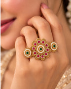 Brass Gold Plated Floral Jadau Double Floral Finger Ring