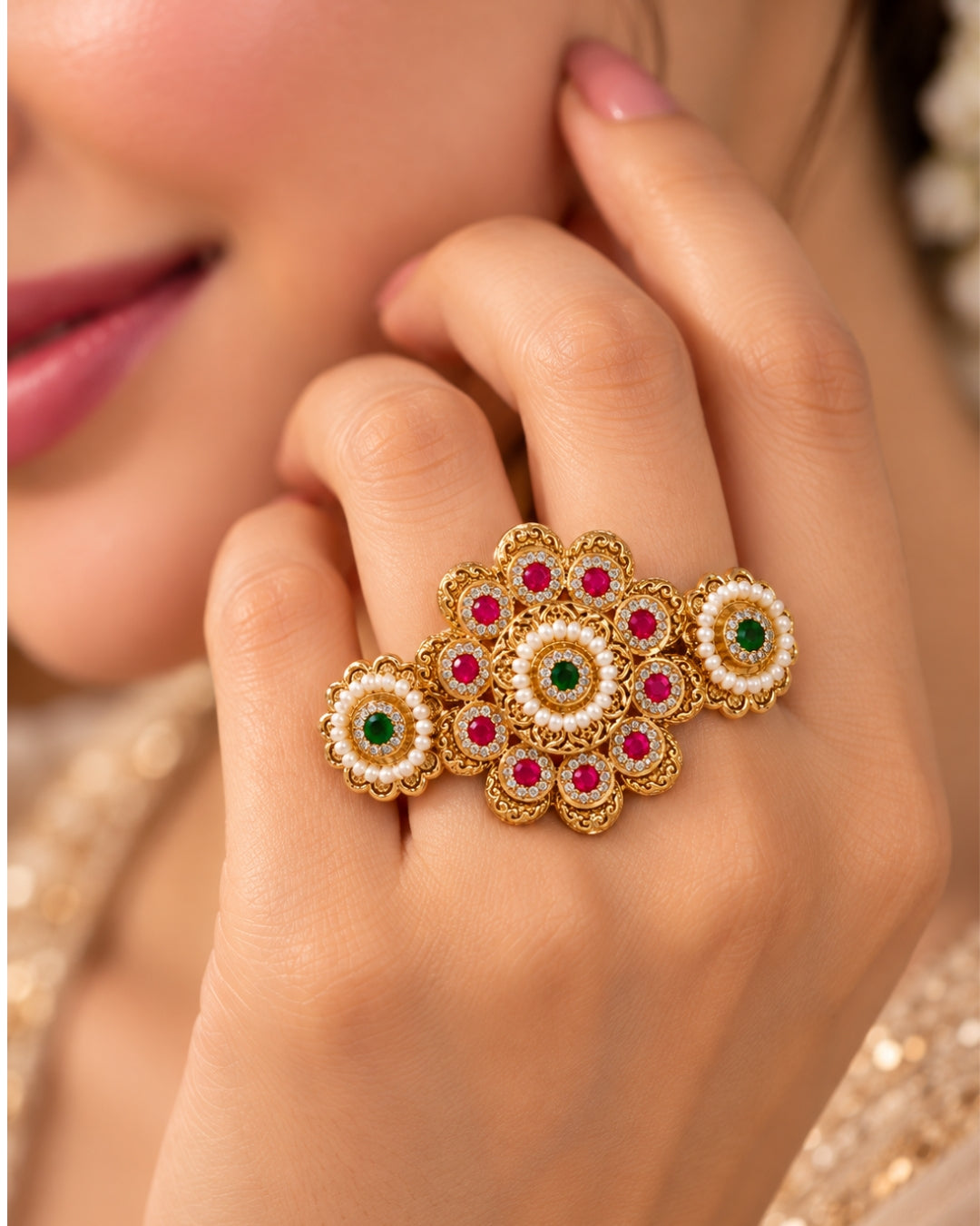 Brass Gold Plated Floral Jadau Double Floral Finger Ring