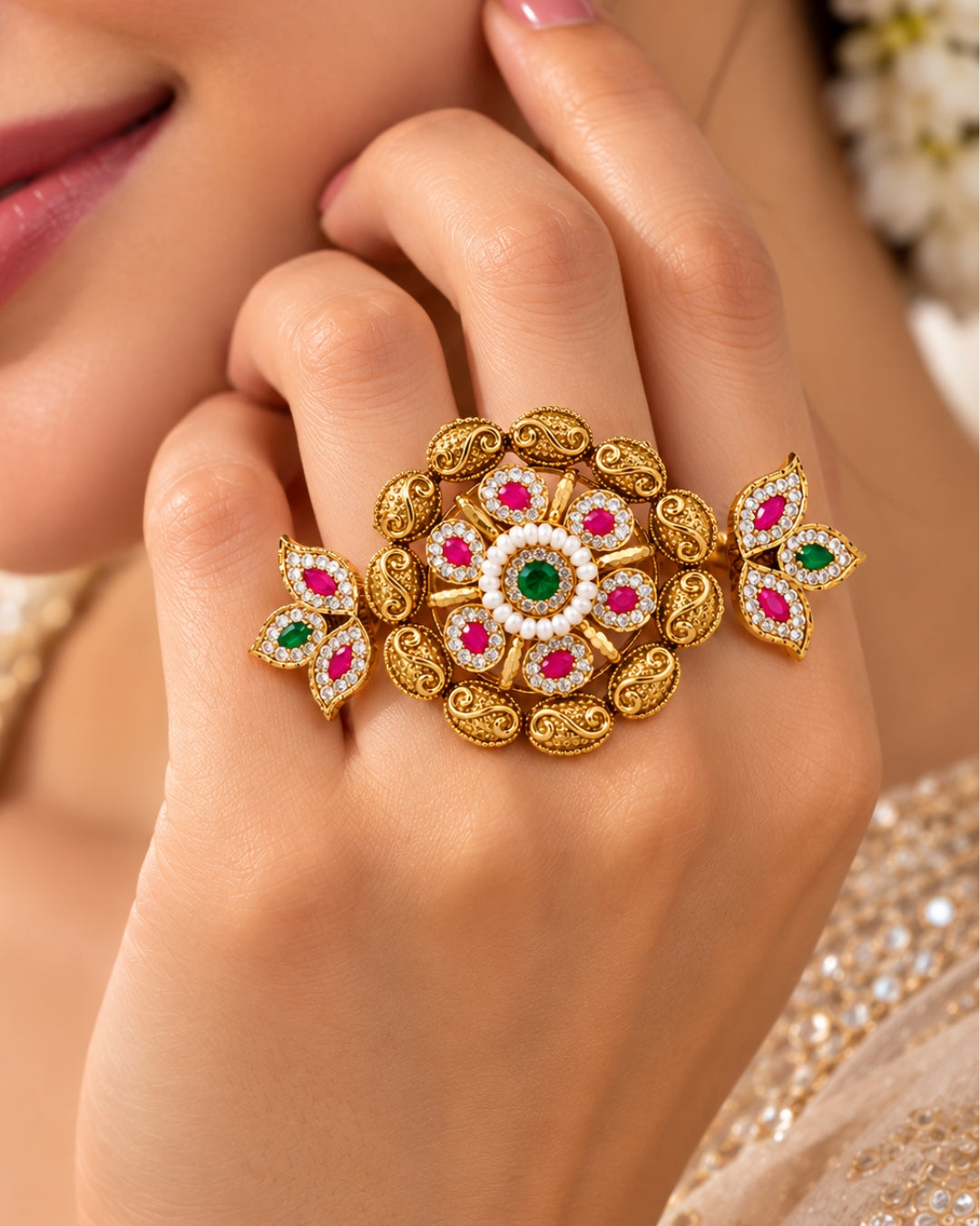 Brass Gold Plated Jadau Leafy Double FInger Ring