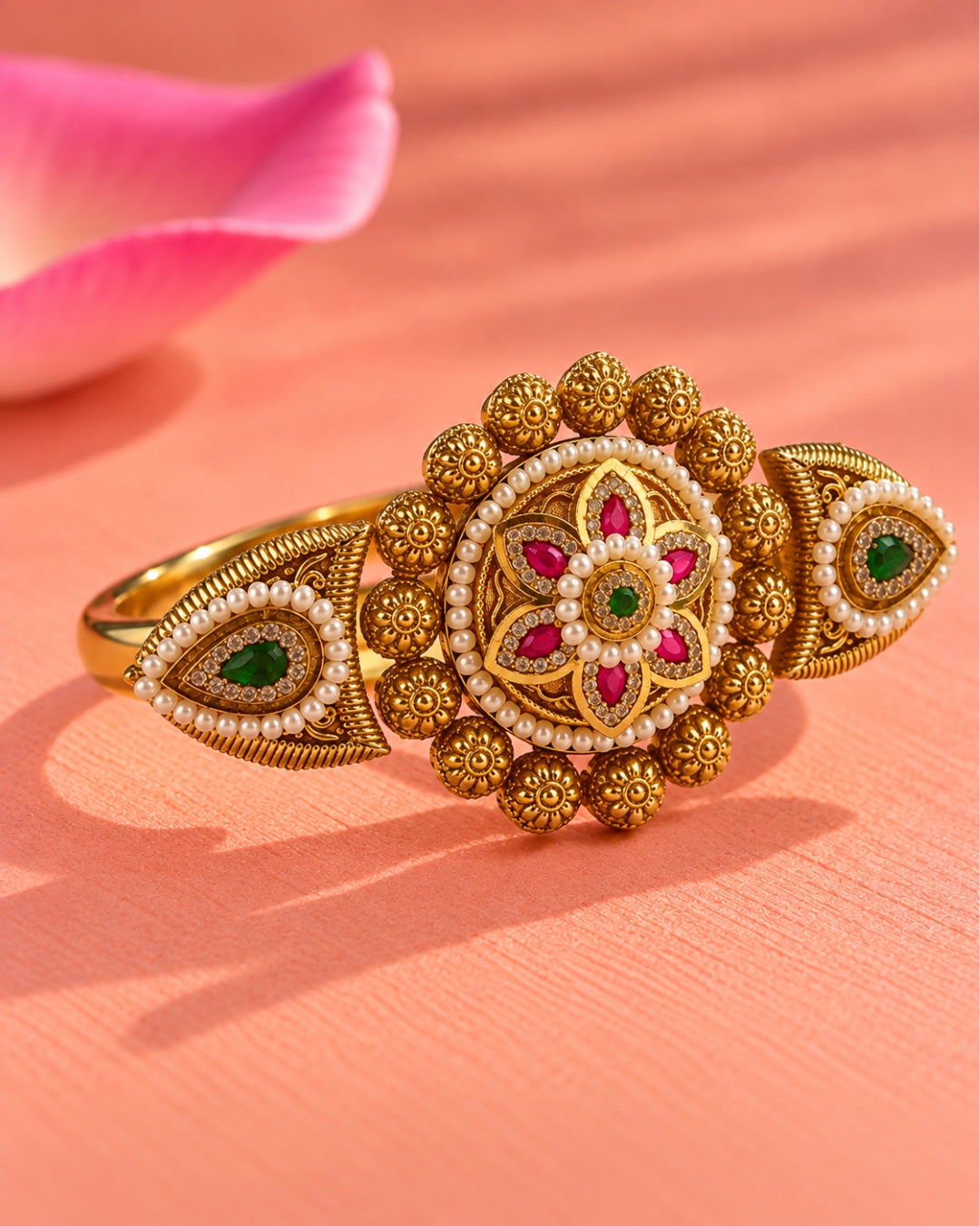 Brass Gold-Plated Jadau Round Pearl & Stone Studded Double Finger Ring