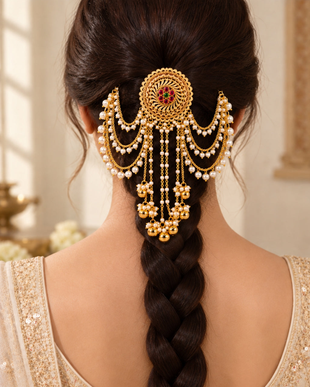 22K Gold Plated Pearl Beaded Hair Accessory with Floral Detail