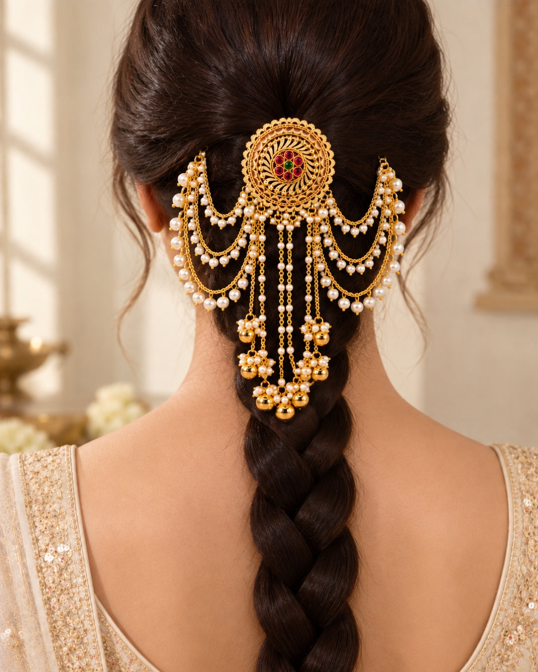 22K Gold Plated Pearl Beaded Hair Accessory with Floral Detail