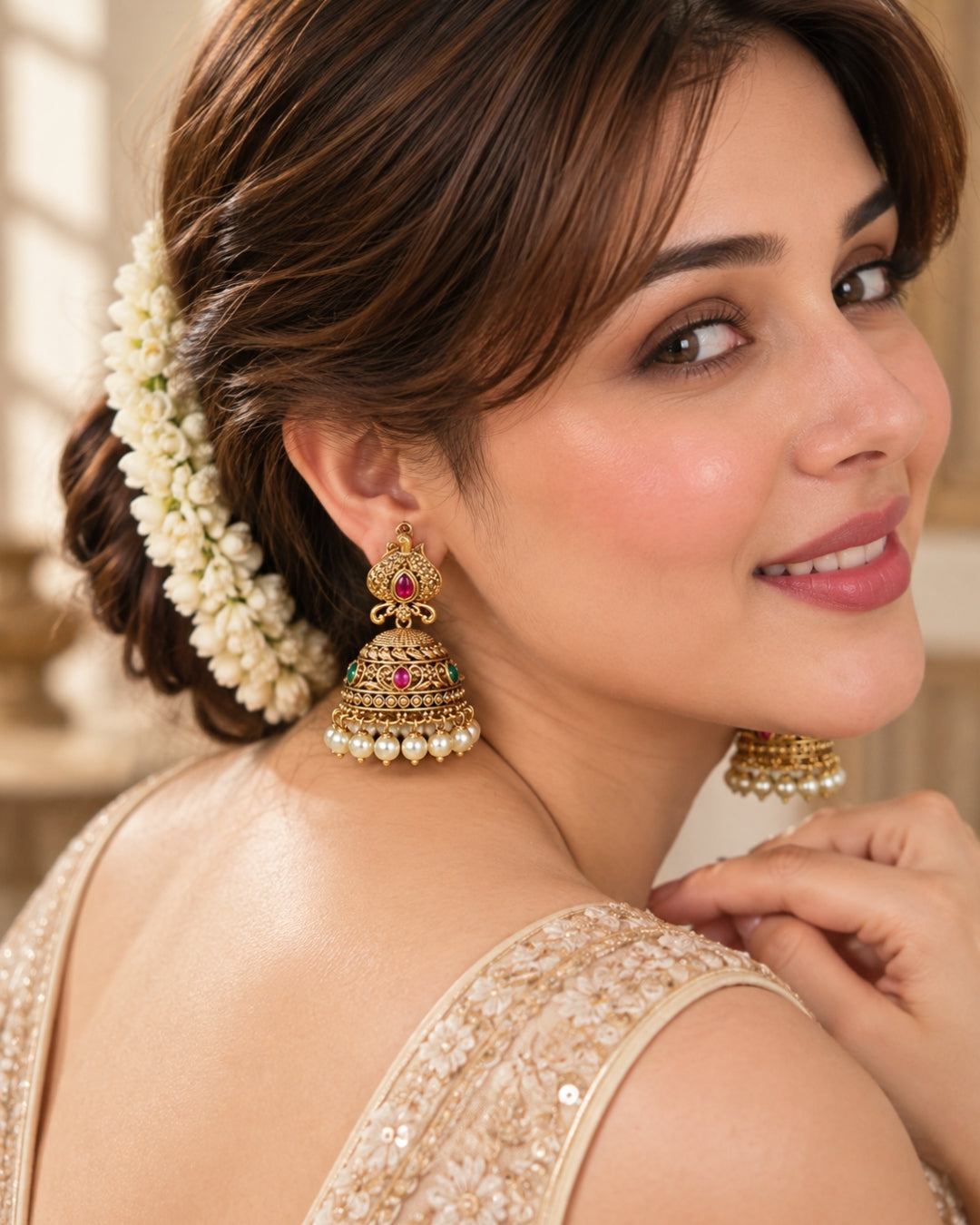 Gold-Plated White Beaded Traditional Bird Jhumka Earrings