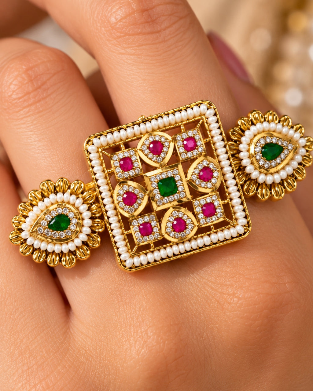 Brass Gold-Plated Jadau Square & Drop Double Finger Ring