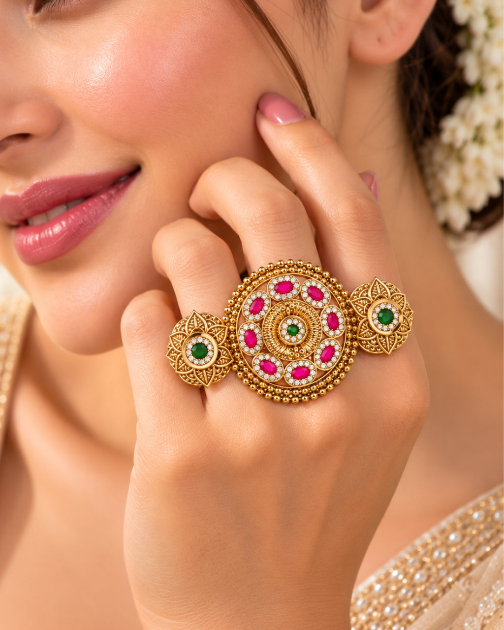 Brass Gold-Plated Jadau Round Pink & White Stone Double Finger Ring