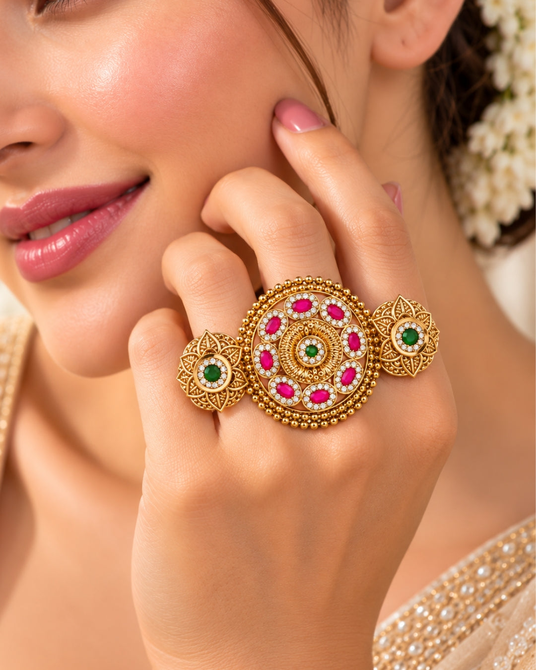 Brass Gold-Plated Jadau Round Pink & White Stone Double Finger Ring