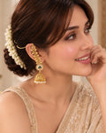 Women Brass 22K Micron Gold Plated Rajwadi Drop Shaped Green Stone Chain Jhumka Earrings