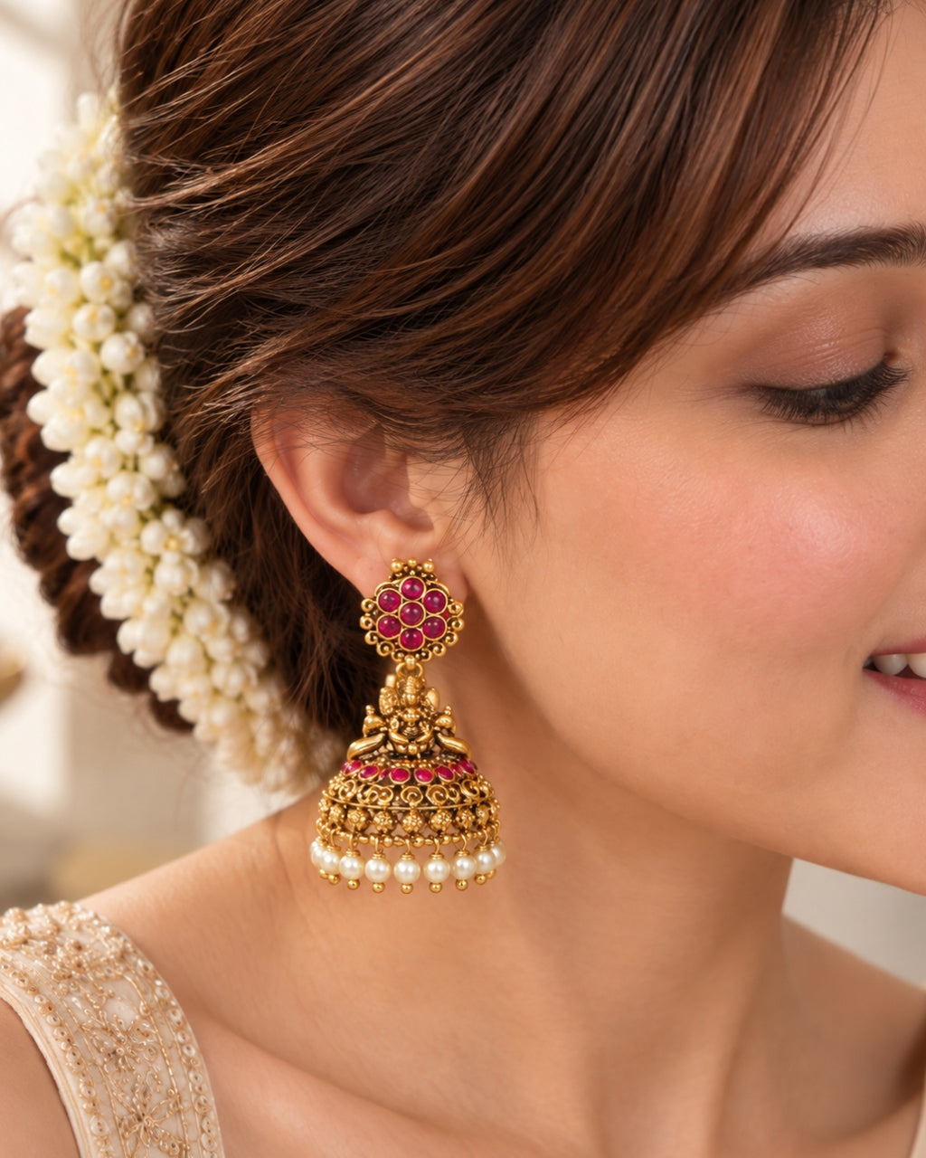 Temple White beaded Red Stone Traditional Jhumka Earrings