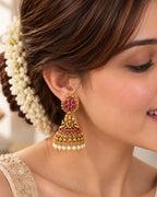 Temple White beaded Red Stone Traditional Jhumka Earrings