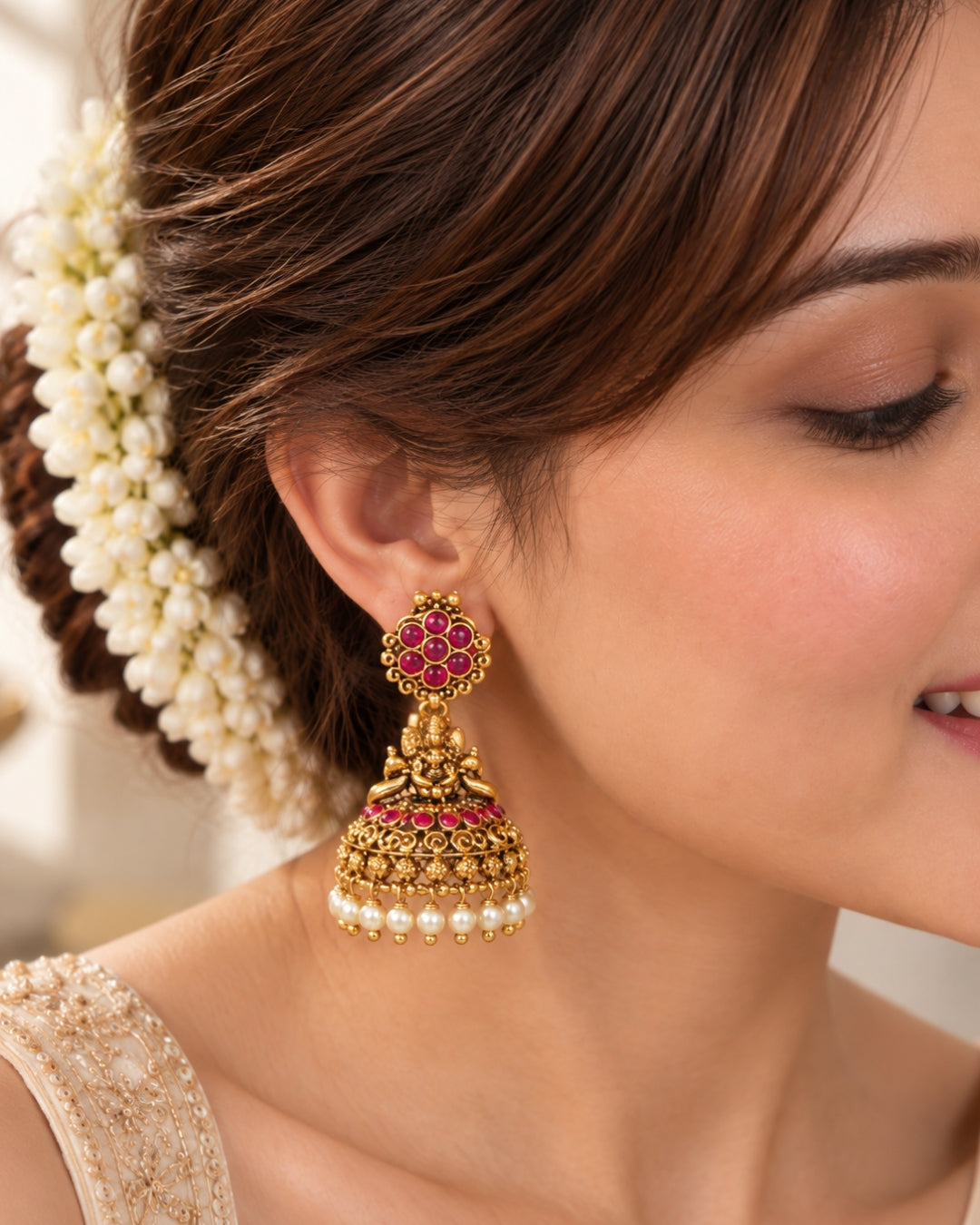 Temple White beaded Red Stone Traditional Jhumka Earrings