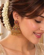 Temple Red & Green Stone Gold Plated Jhumka Earrings