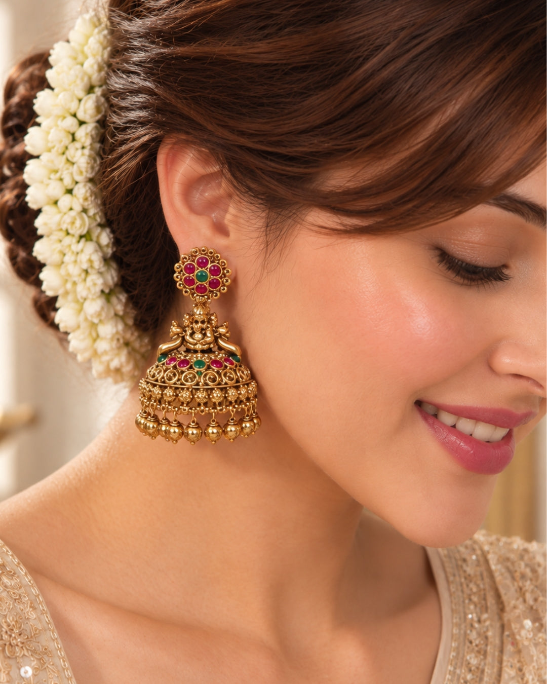 Temple Red & Green Stone Gold Plated Jhumka Earrings
