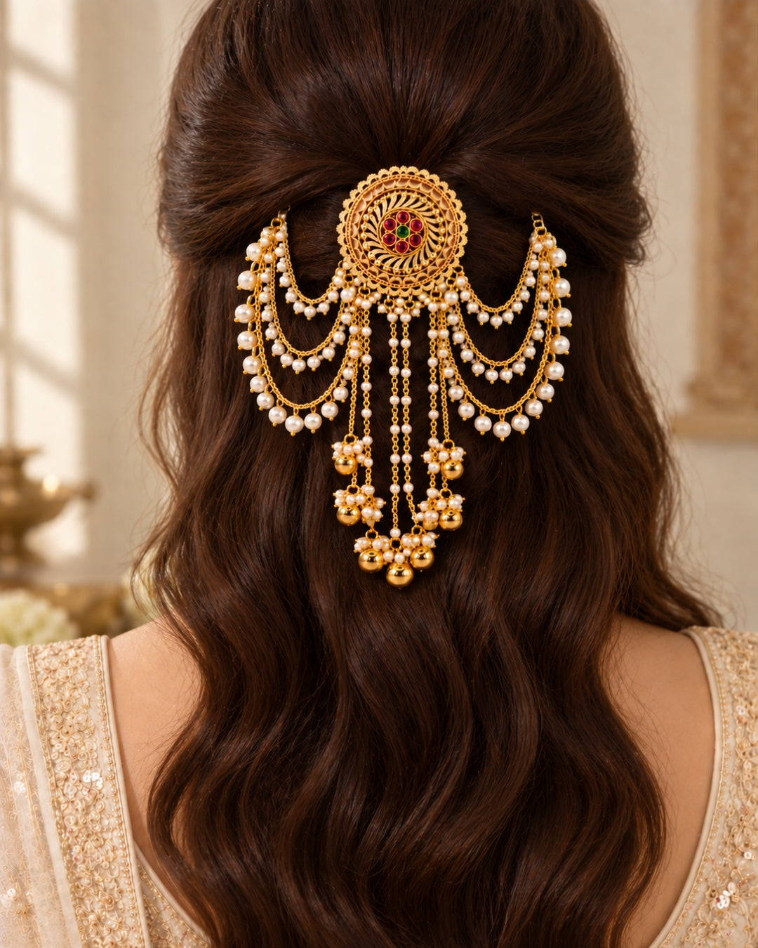 22K Gold Plated Pearl Beaded Hair Accessory with Floral Detail