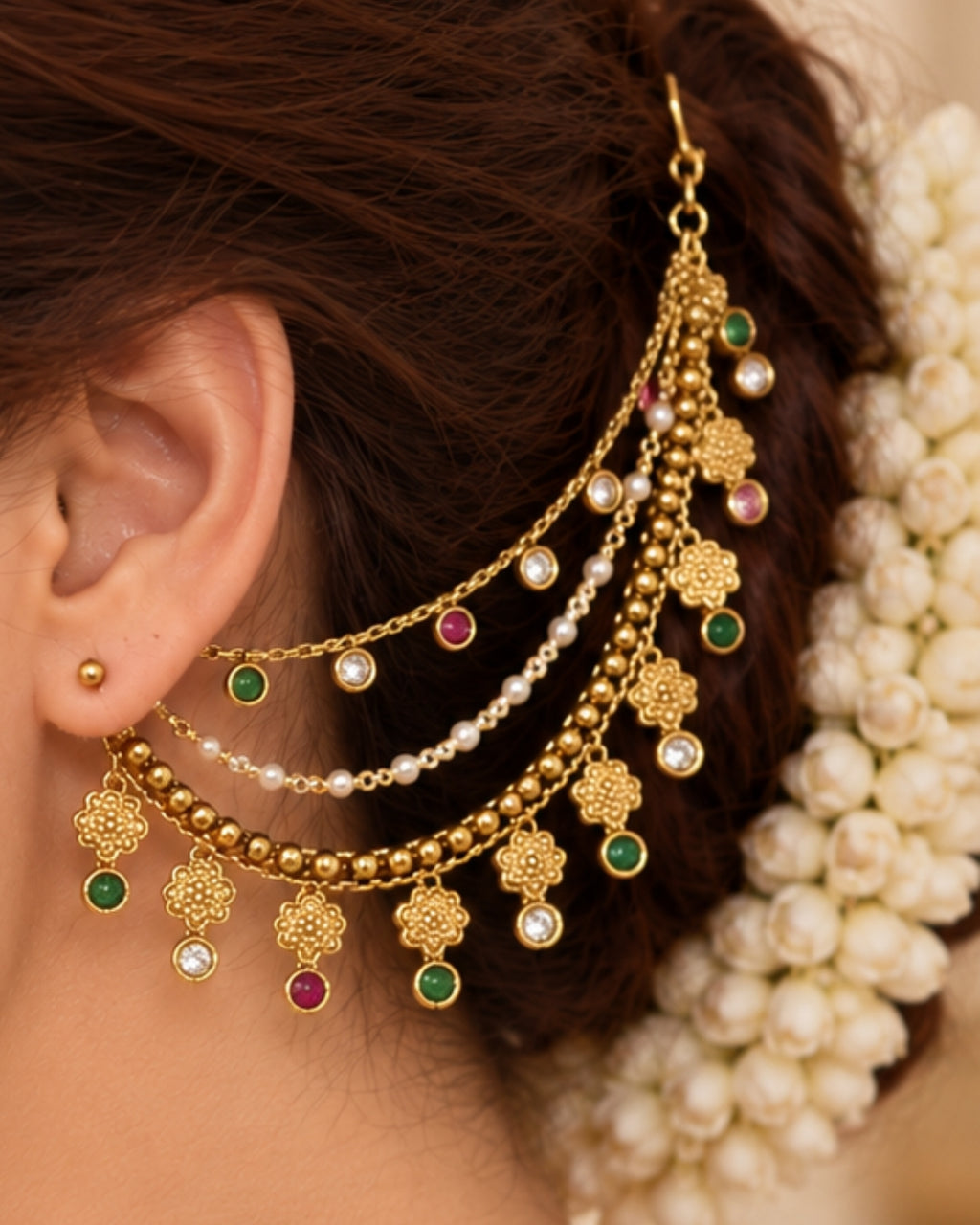 Traditional Brass 22 K Micron Gold Plated Jadau with Pearls Floral Multilayer Earchain