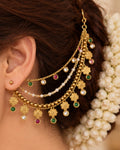 Traditional Brass 22 K Micron Gold Plated Jadau with Pearls Floral Multilayer Earchain
