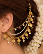 Traditional Brass 22 K Micron Gold Plated Jadau with Pearls Floral Multilayer Earchain