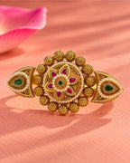 Brass Gold-Plated Jadau Round Pearl & Stone Studded Double Finger Ring