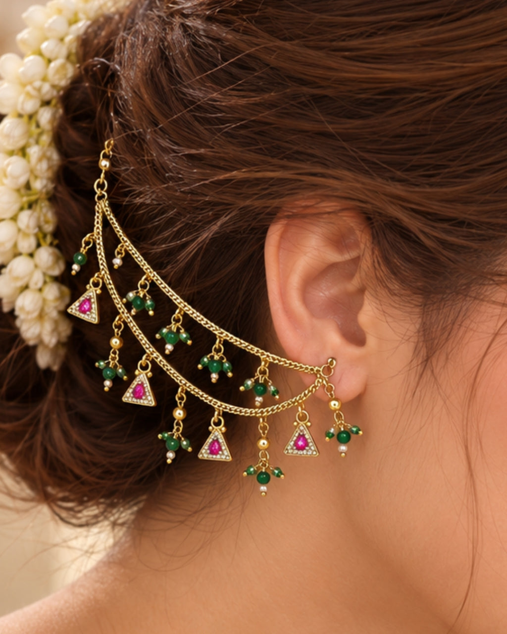 Gold-Plated Green Beaded Jadau Triangular Elements Multilayer Ear Chain