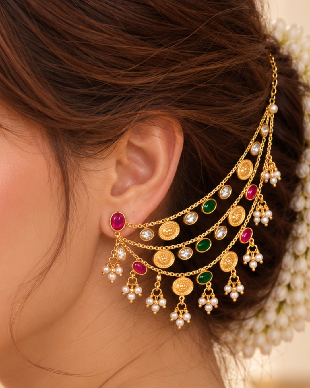 Women Brass 22K Micron Gold Plated Jadau Oval Elements Multilayer Earchain