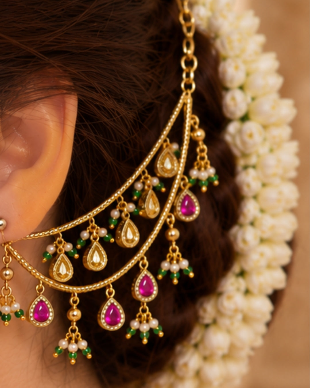 22K Micron Gold-Plated Jadau Pink Drop Elements Multilayer Ear Chain