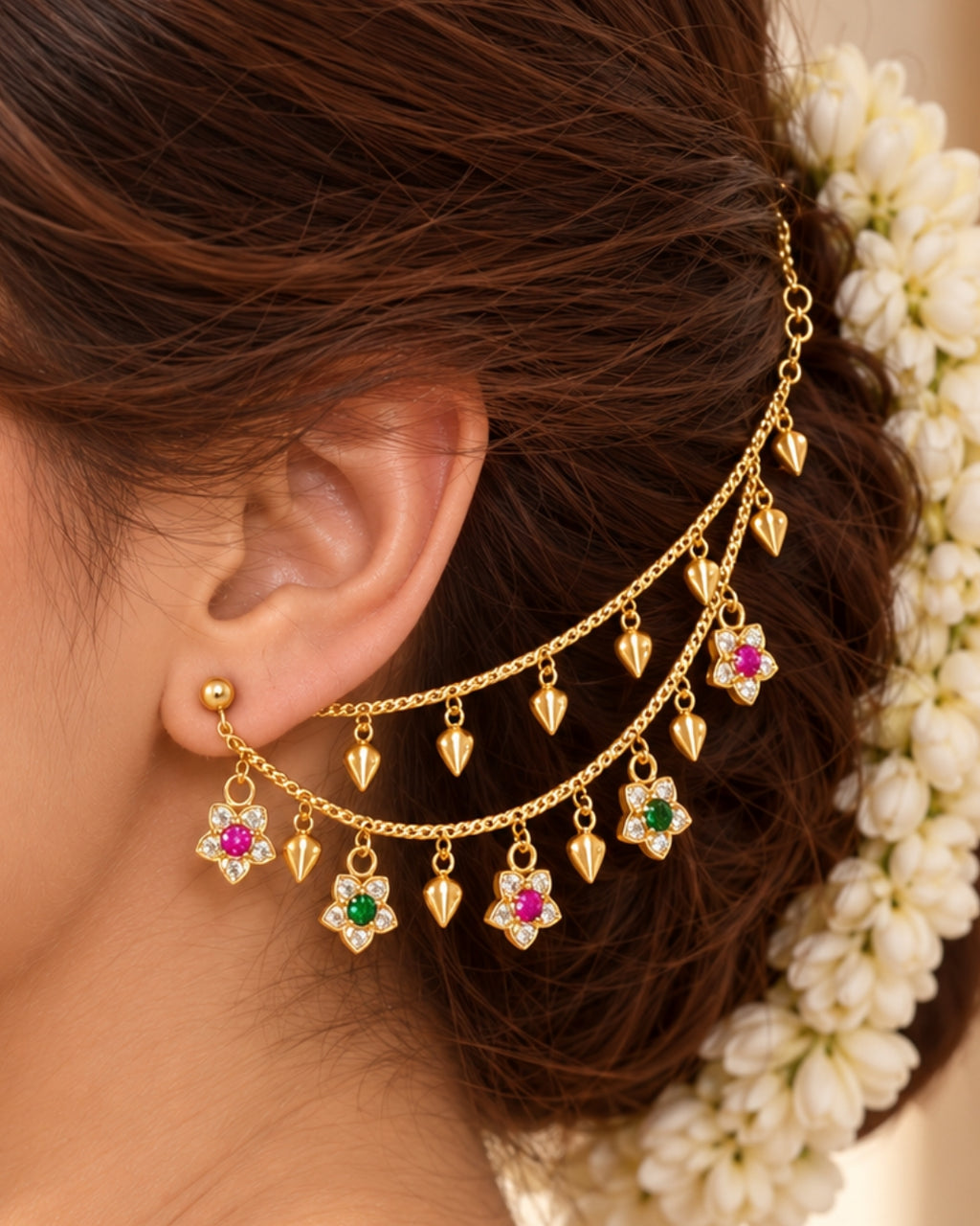 Women Brass 22K Micron Gold Plated Jadau Star Elements Multilayer Earchain
