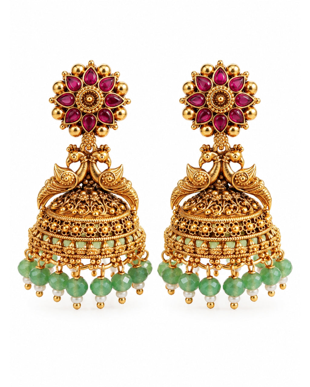Gold Plated Peacock Red Stone & Green beads Jhumka Earrings