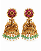 Gold Plated Peacock Red Stone & Green beads Jhumka Earrings