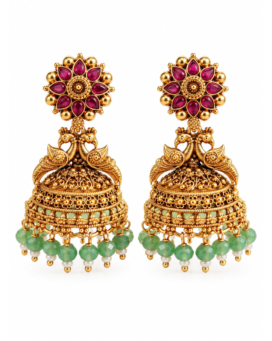 Gold Plated Peacock Red Stone & Green beads Jhumka Earrings