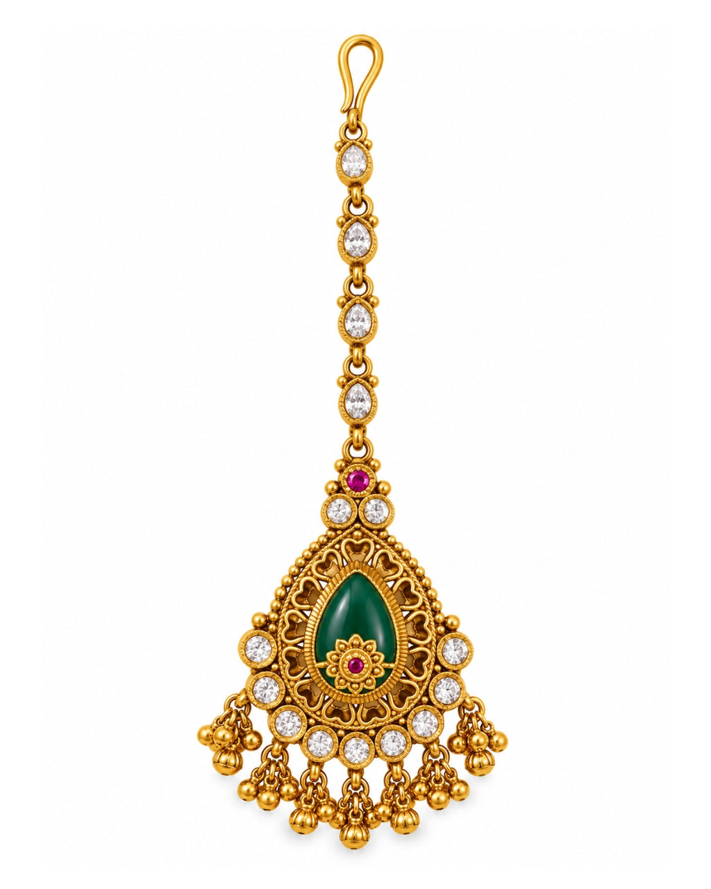 Traditional Brass Teardrop Stone & Beaded Maang Tikka