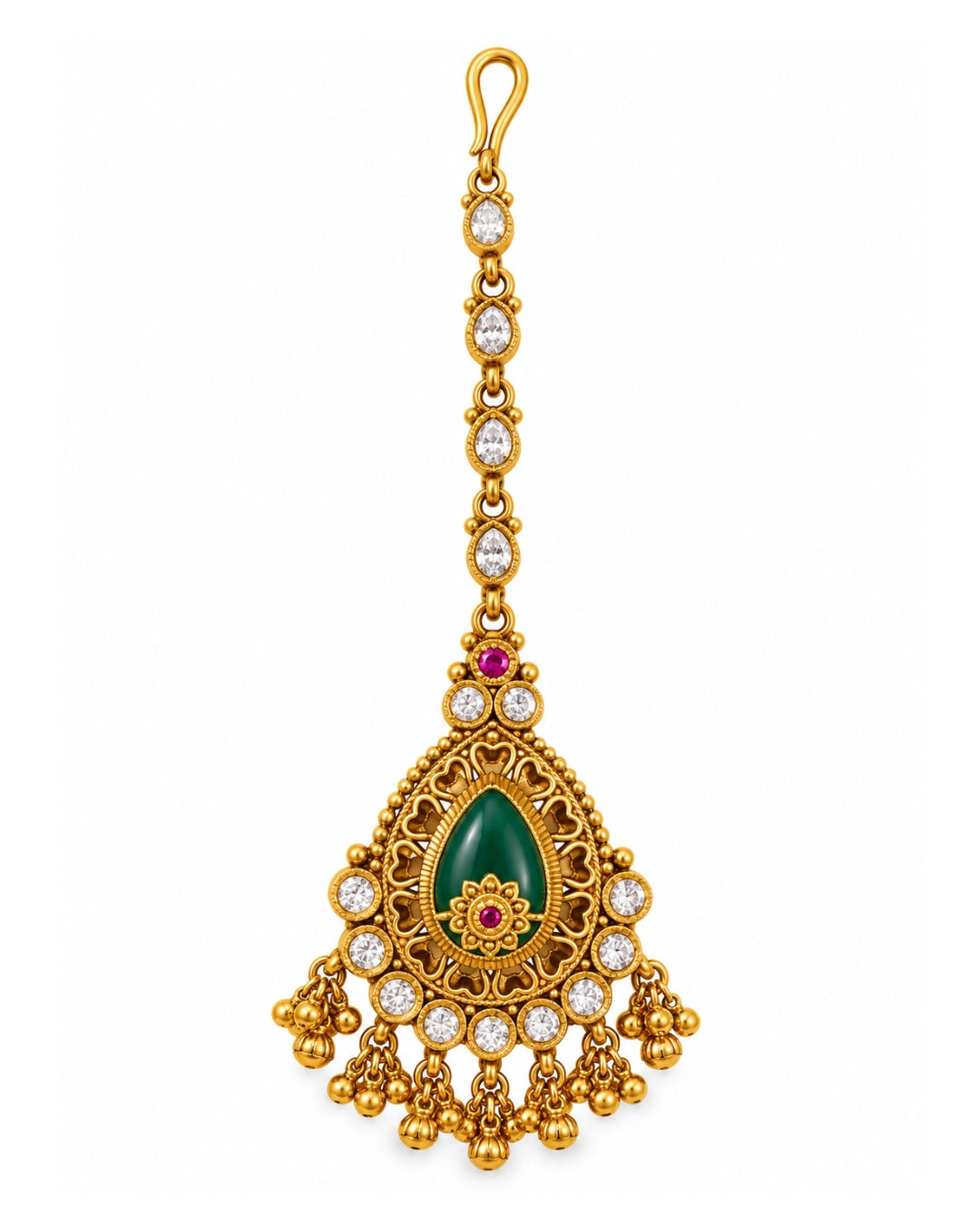 Traditional Brass Teardrop Stone & Beaded Maang Tikka