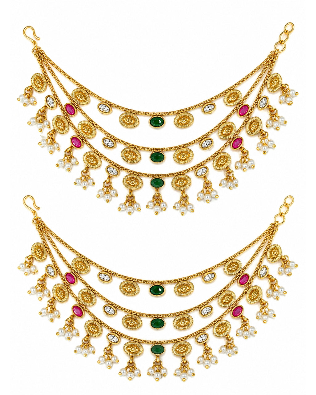 Women Brass 22K Micron Gold Plated Jadau Oval Elements Multilayer Earchain
