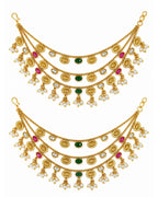 Women Brass 22K Micron Gold Plated Jadau Oval Elements Multilayer Earchain