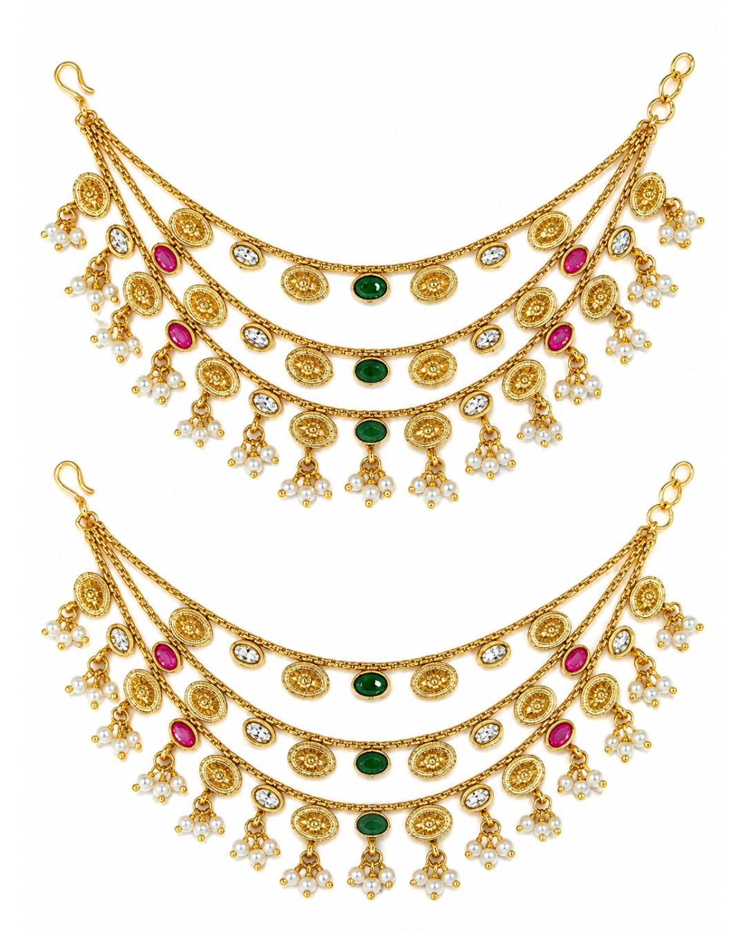 Women Brass 22K Micron Gold Plated Jadau Oval Elements Multilayer Earchain