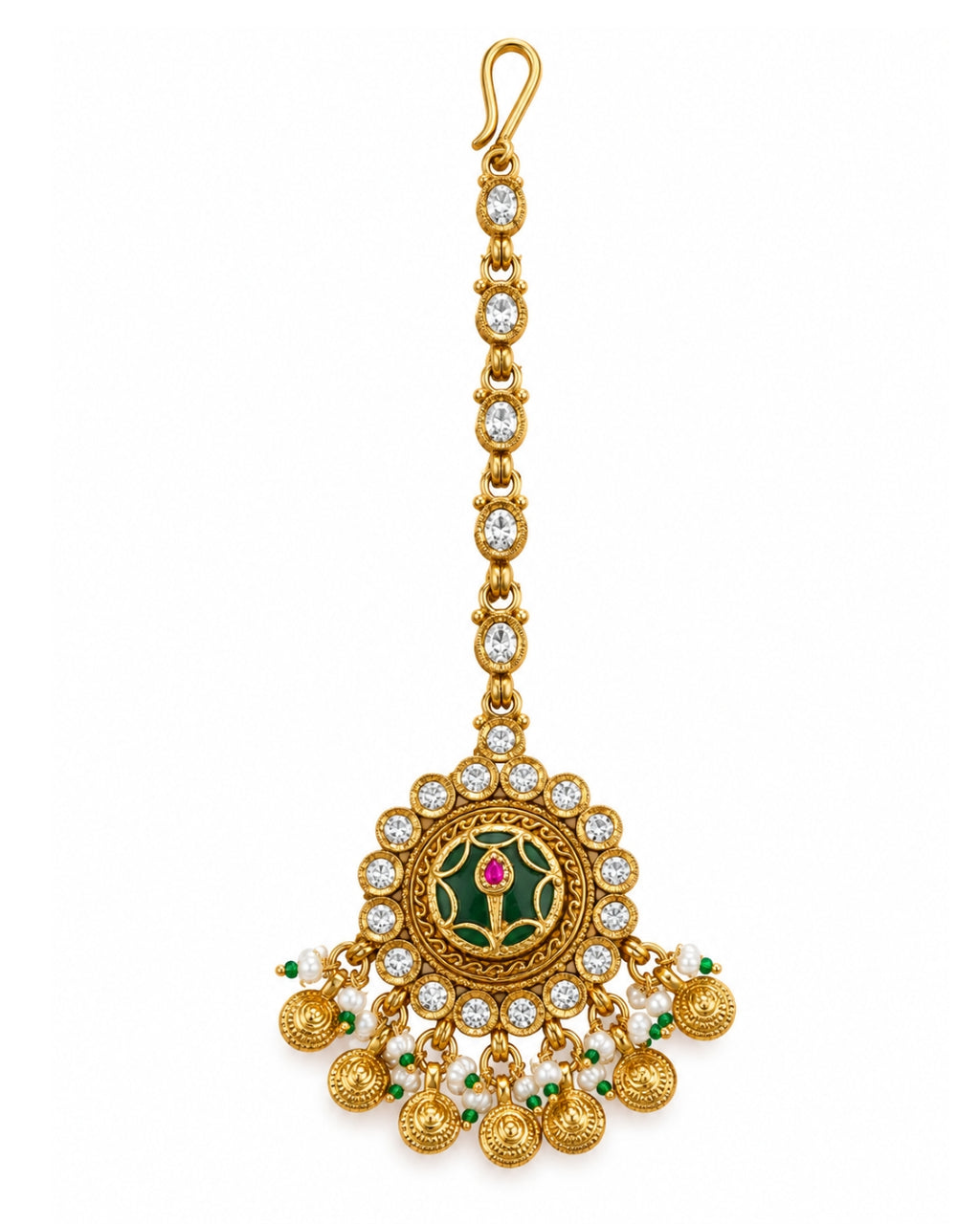 Brass Gold-Plated Emerald Stone & Beaded Round Maang Tikka