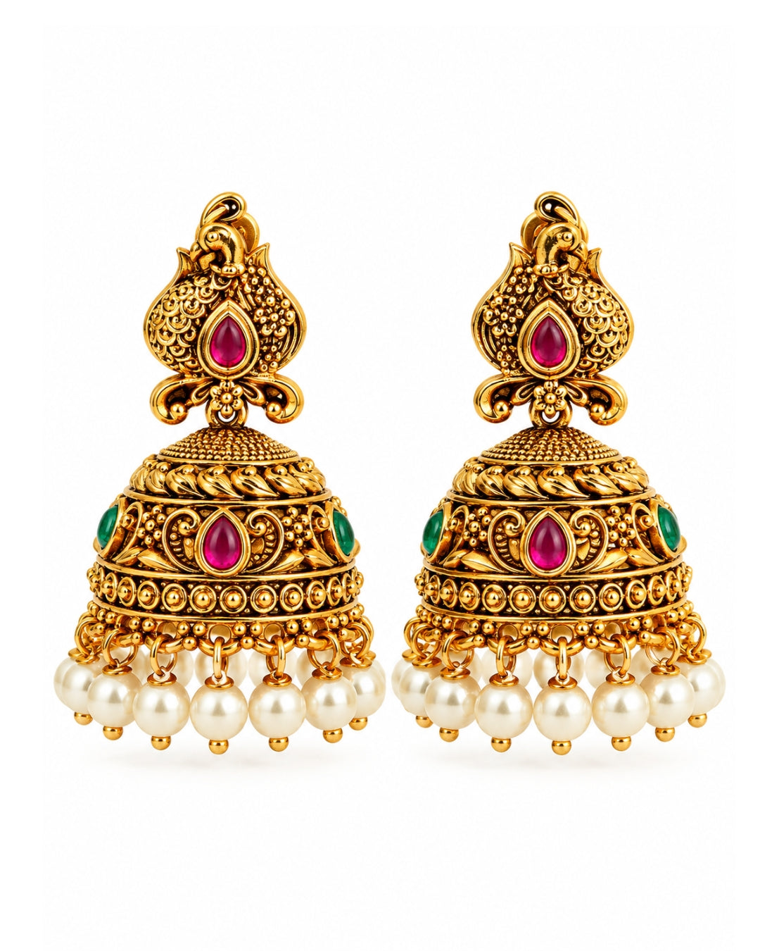 Gold-Plated White Beaded Traditional Bird Jhumka Earrings