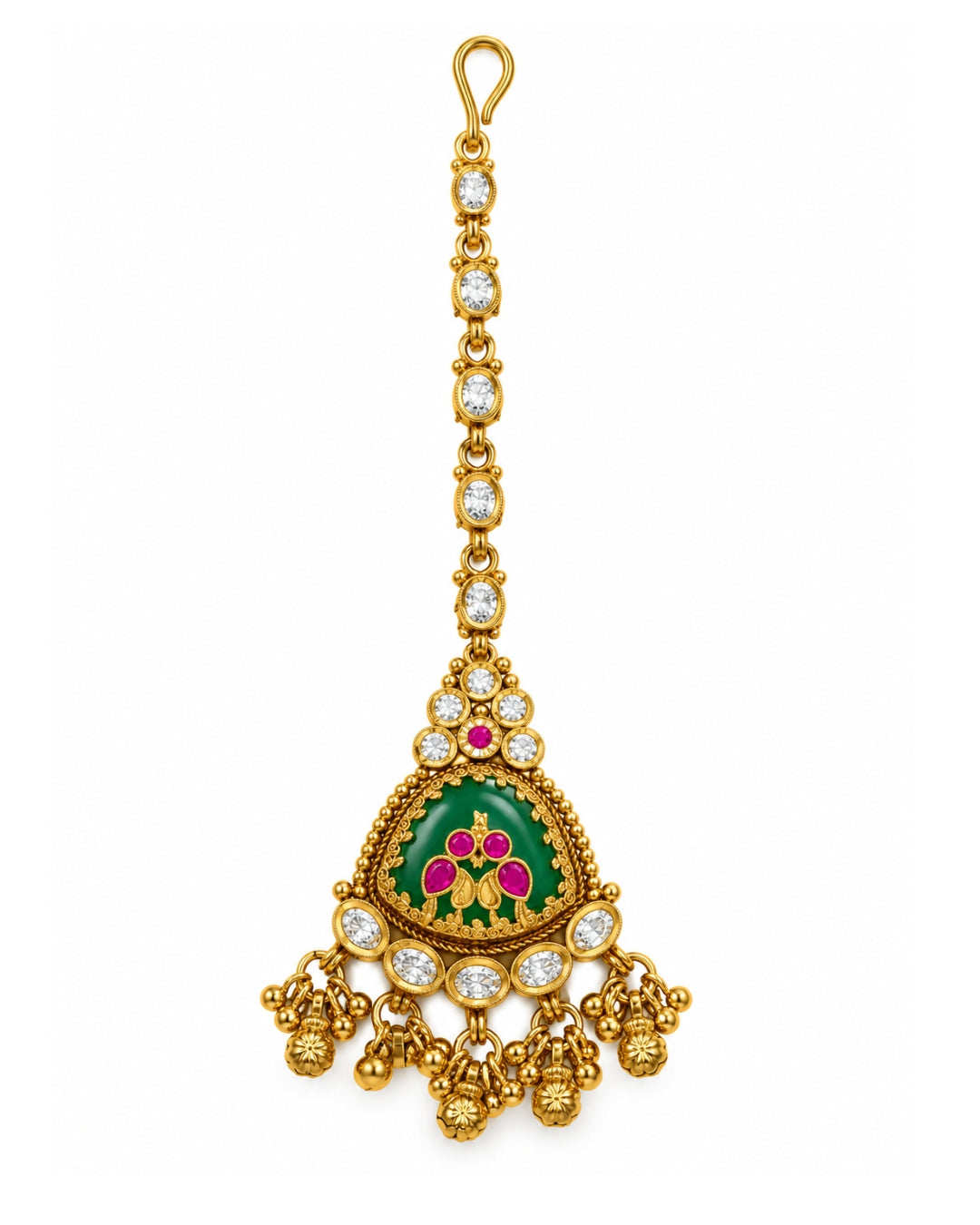 Traditional Brass Gold-Plated Maang Tikka with Green Stone & Beads