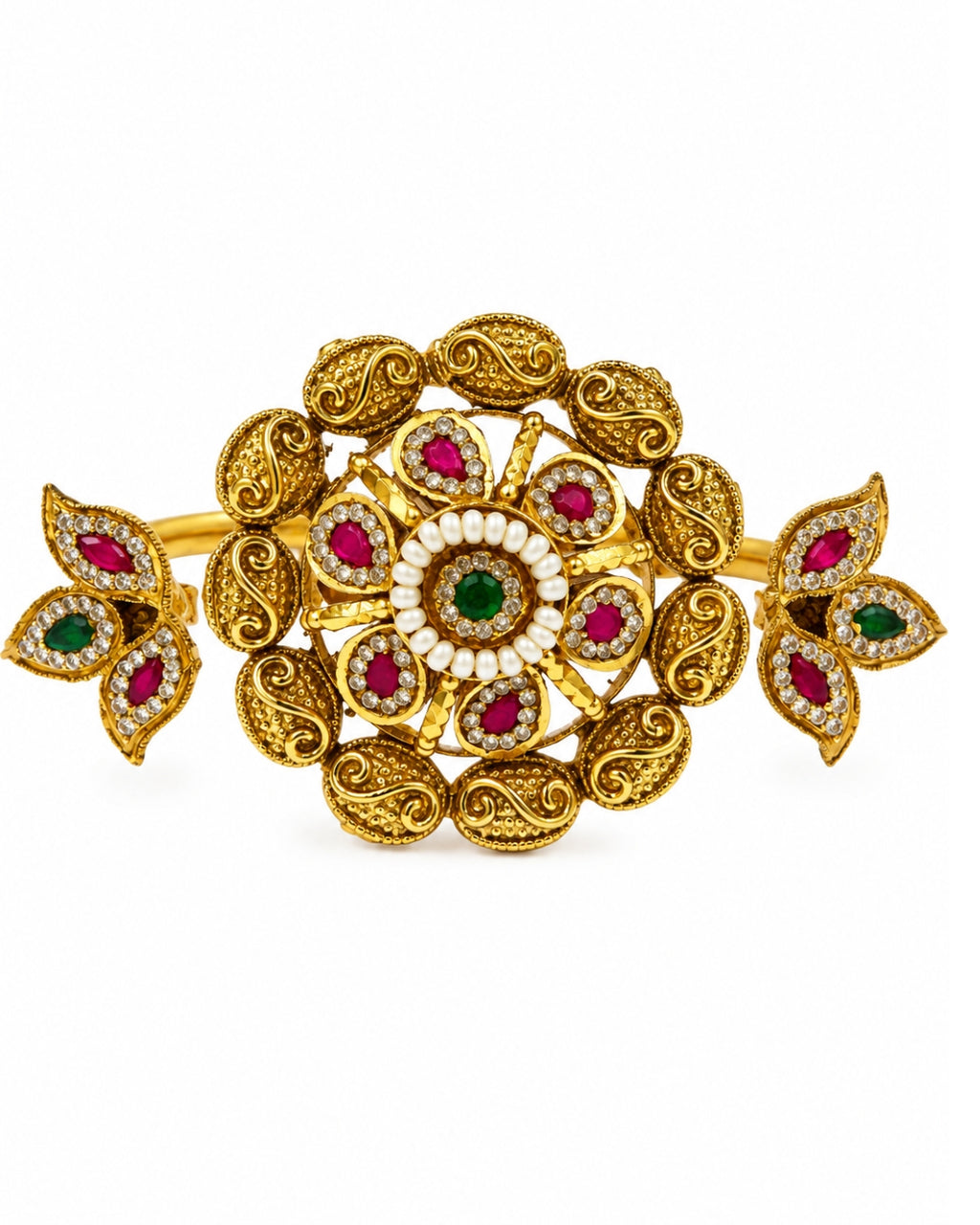 Brass Gold Plated Jadau Leafy Double FInger Ring