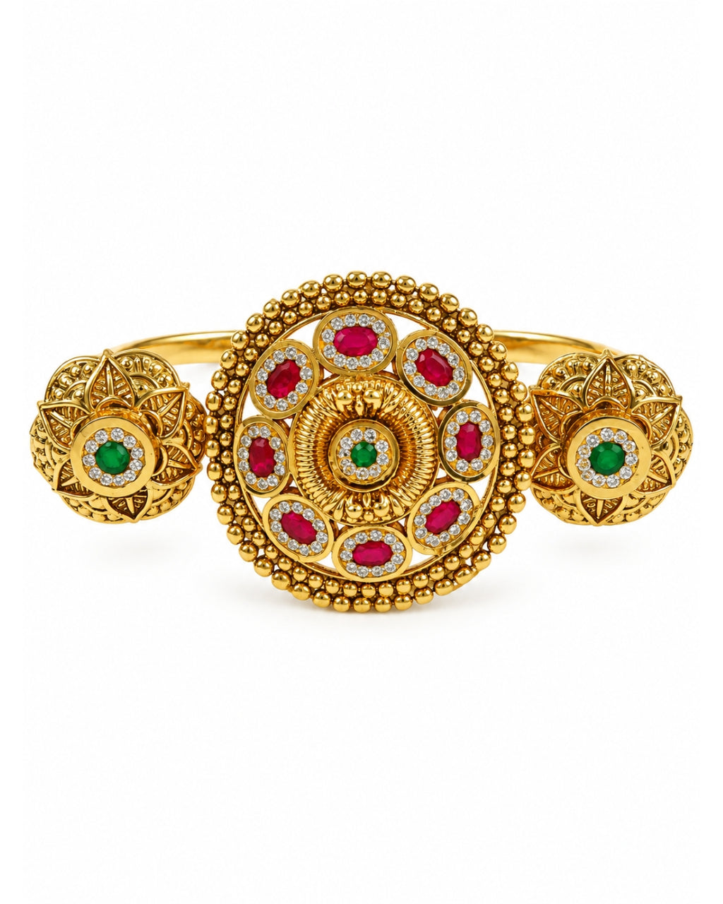 Brass Gold-Plated Jadau Round Pink & White Stone Double Finger Ring