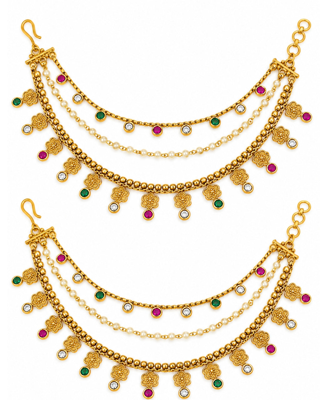 Traditional Brass 22 K Micron Gold Plated Jadau with Pearls Floral Multilayer Earchain
