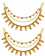 Traditional Brass 22 K Micron Gold Plated Jadau with Pearls Floral Multilayer Earchain
