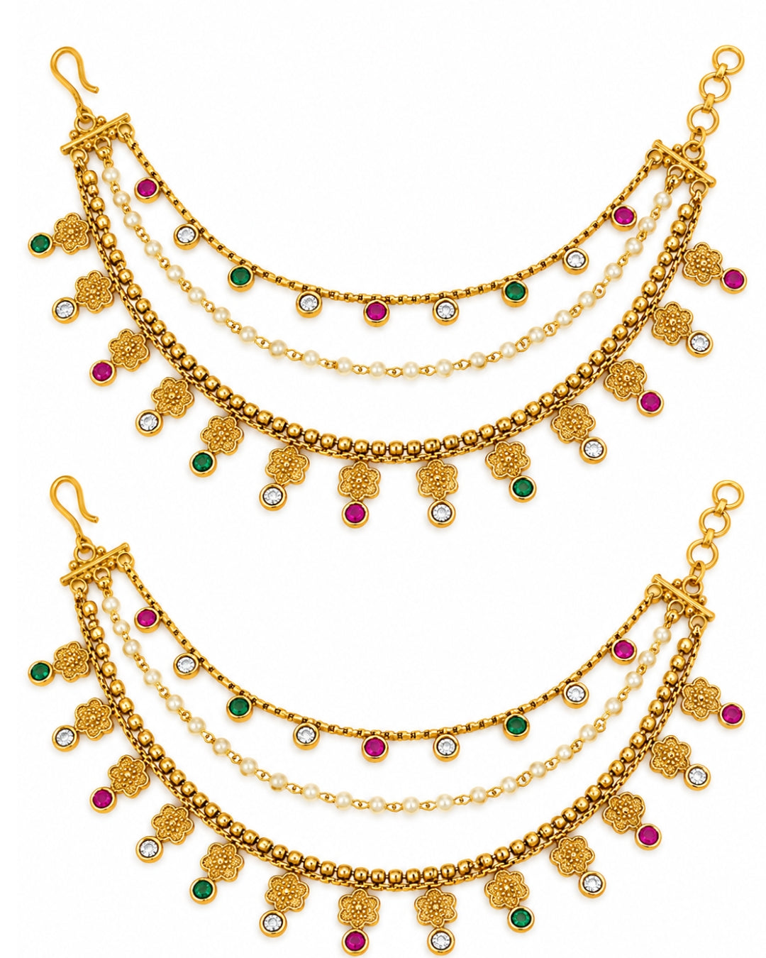 Traditional Brass 22 K Micron Gold Plated Jadau with Pearls Floral Multilayer Earchain
