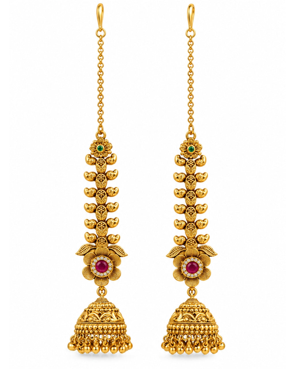 Women Brass 22K Micron Gold Plated Red Stone and AD Floral Traditional Chain Jhumka Earrings