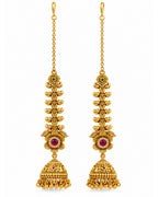 Women Brass 22K Micron Gold Plated Red Stone and AD Floral Traditional Chain Jhumka Earrings