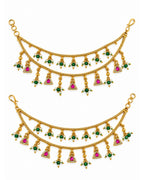 Gold-Plated Green Beaded Jadau Triangular Elements Multilayer Ear Chain