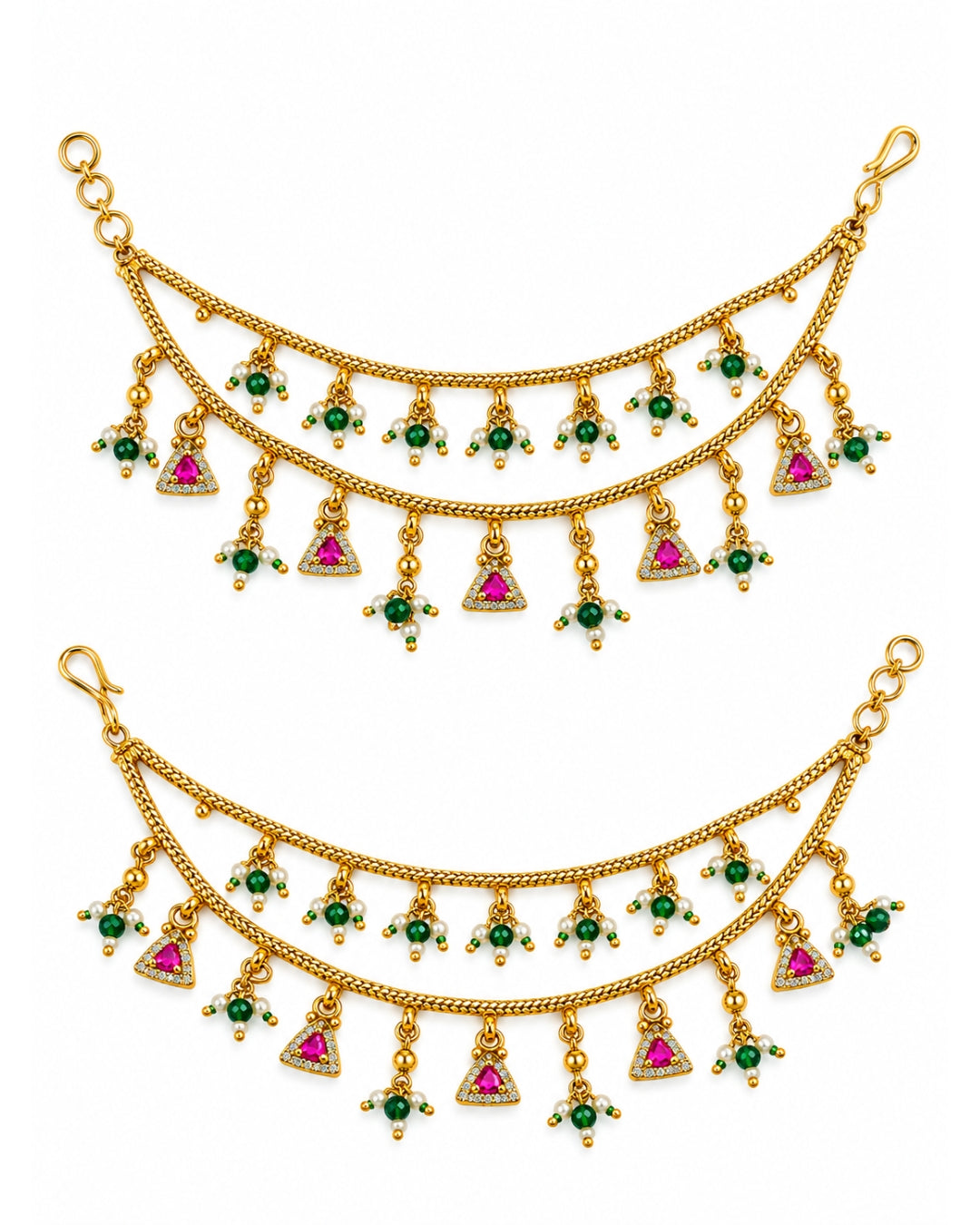 Gold-Plated Green Beaded Jadau Triangular Elements Multilayer Ear Chain