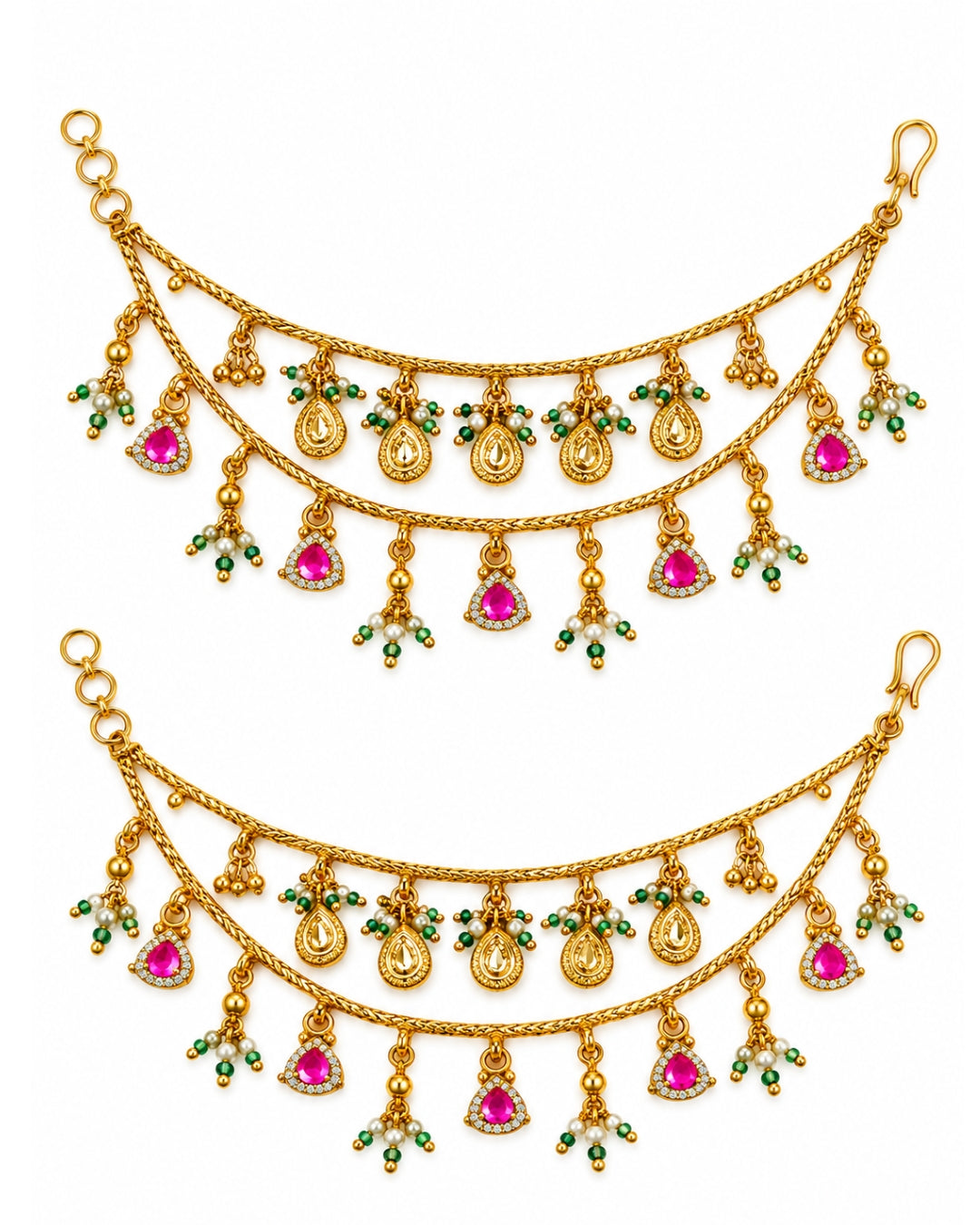 22K Micron Gold-Plated Jadau Pink Drop Elements Multilayer Ear Chain