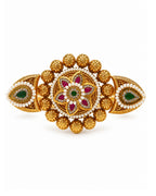Brass Gold-Plated Jadau Round Pearl & Stone Studded Double Finger Ring