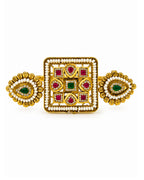 Brass Gold-Plated Jadau Square & Drop Double Finger Ring